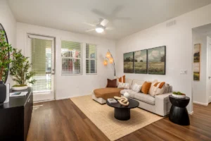 Fully furnished one bedroom apartment living room